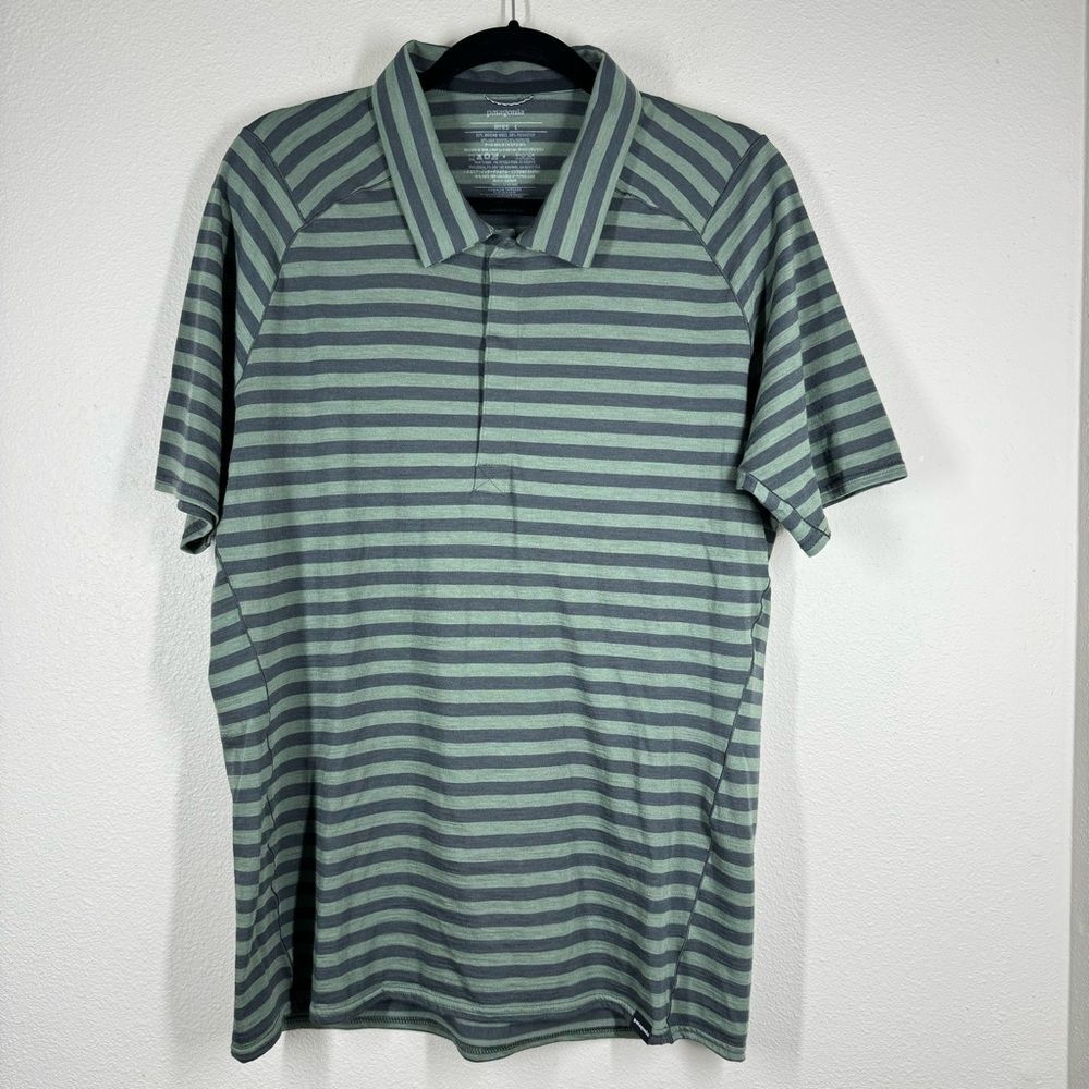 Patagonia Merino Wool 2 Lightweight Polo Shirt Stripes Short Sleeve Snaps Large